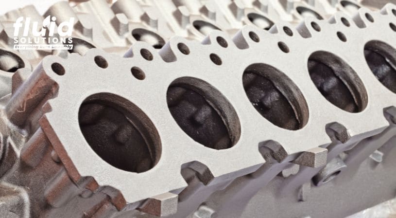 Close-up of a large metal engine block with several cylindrical openings.