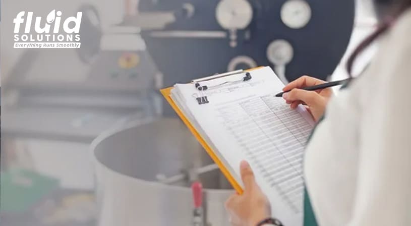 Person writing on a clipboard in front of industrial machinery