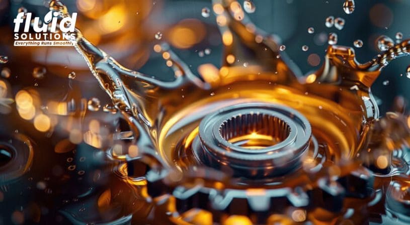 Close-up of a gear with oil splash, highlighting lubrication.