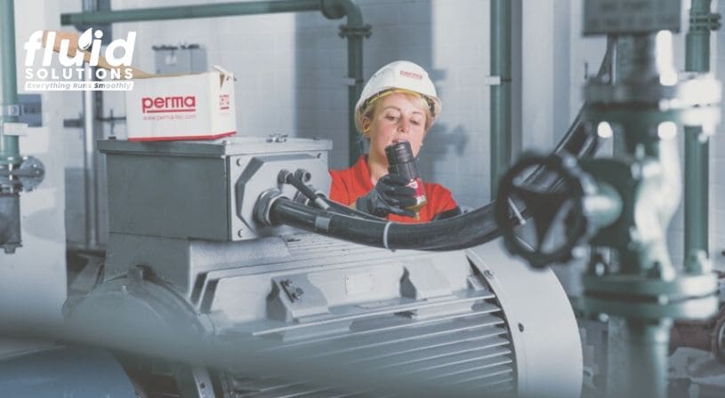 Technician inspecting a large industrial motor with Perma lubricator.