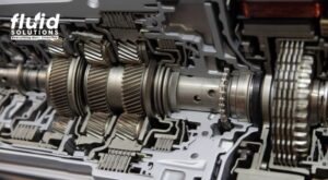 Close-up of internal gears and components of a transmission system.