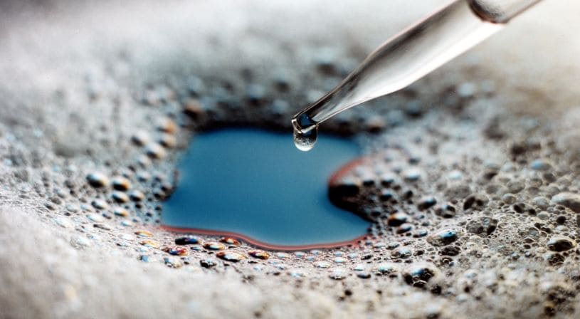 A drop of fluid from a pipette falling into a foamy, oily liquid