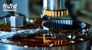 Close-up of a lubricated gear system.
