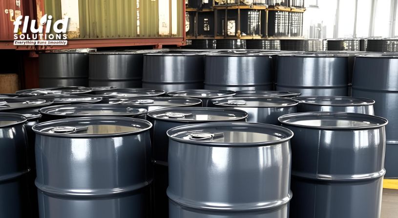 A row of gear oil barrels