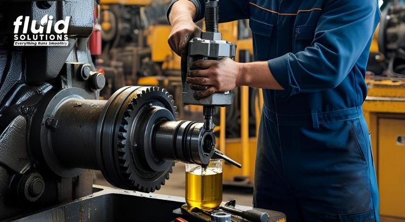Personnel attending industrial gear oil changing
