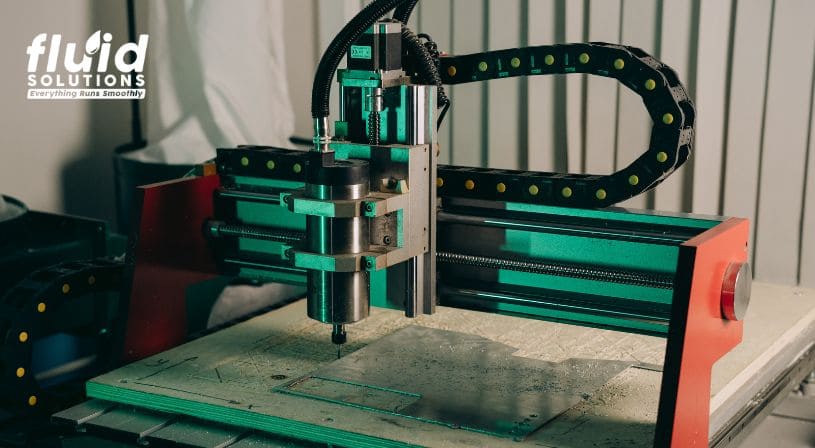 CNC machine under operation in workshop.