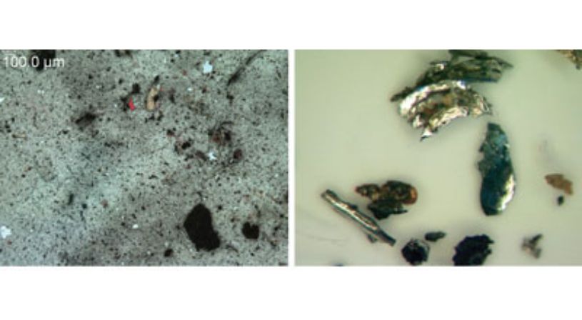 Two pictures displaying different rock formations and dirt, featuring sediment colored by hydraulic fluid.