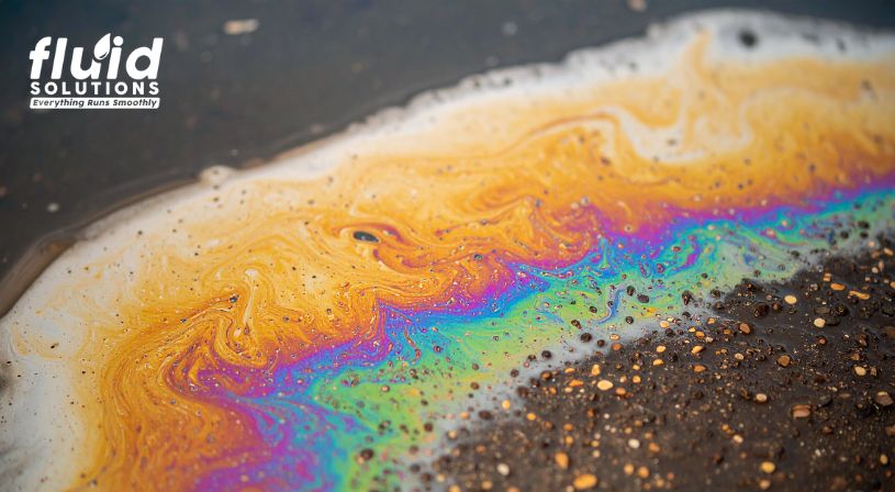 Rainbow sheen from oil spill on water