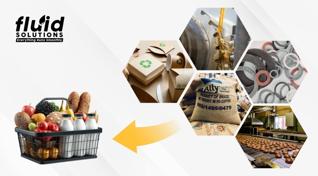 Food industry supply chain showing packaging, processing, manufacturing, sealing components, and food-grade lubricant applications.