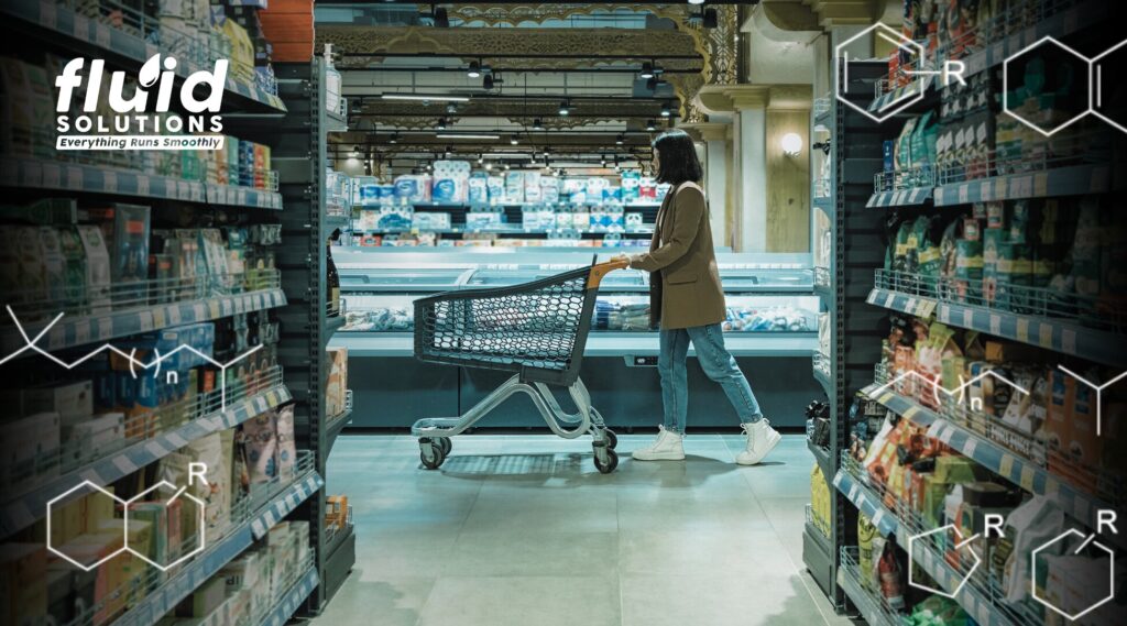 Consumer shopping in a supermarket highlighting food safety, contamination prevention, and regulatory compliance in the food supply chain.
