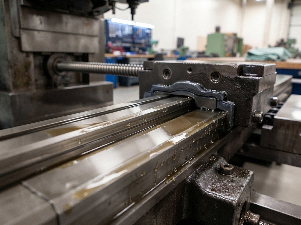 cnc-machine-slideway-oil-lubrication-industrial-workshop CNC machine slideway with lubricating oil for smooth operation.