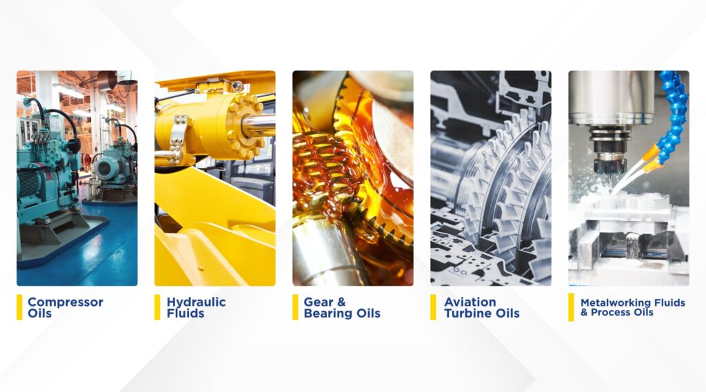 Industrial lubricants for compressors, hydraulic systems, gears, bearings, turbines, and metalworking applications.