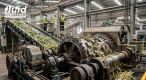 A machine in a factory setting processes cane.