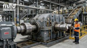 A man stands beside a large mill drive and gearbox, showcasing industrial machinery in a workshop setting.