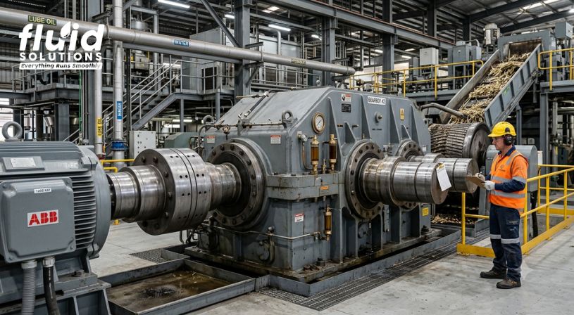 A man stands beside a large mill drive and gearbox, showcasing industrial machinery in a workshop setting.