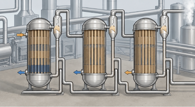 Multiple effect evaporators used for efficient industrial liquid concentration and evaporation processes.
