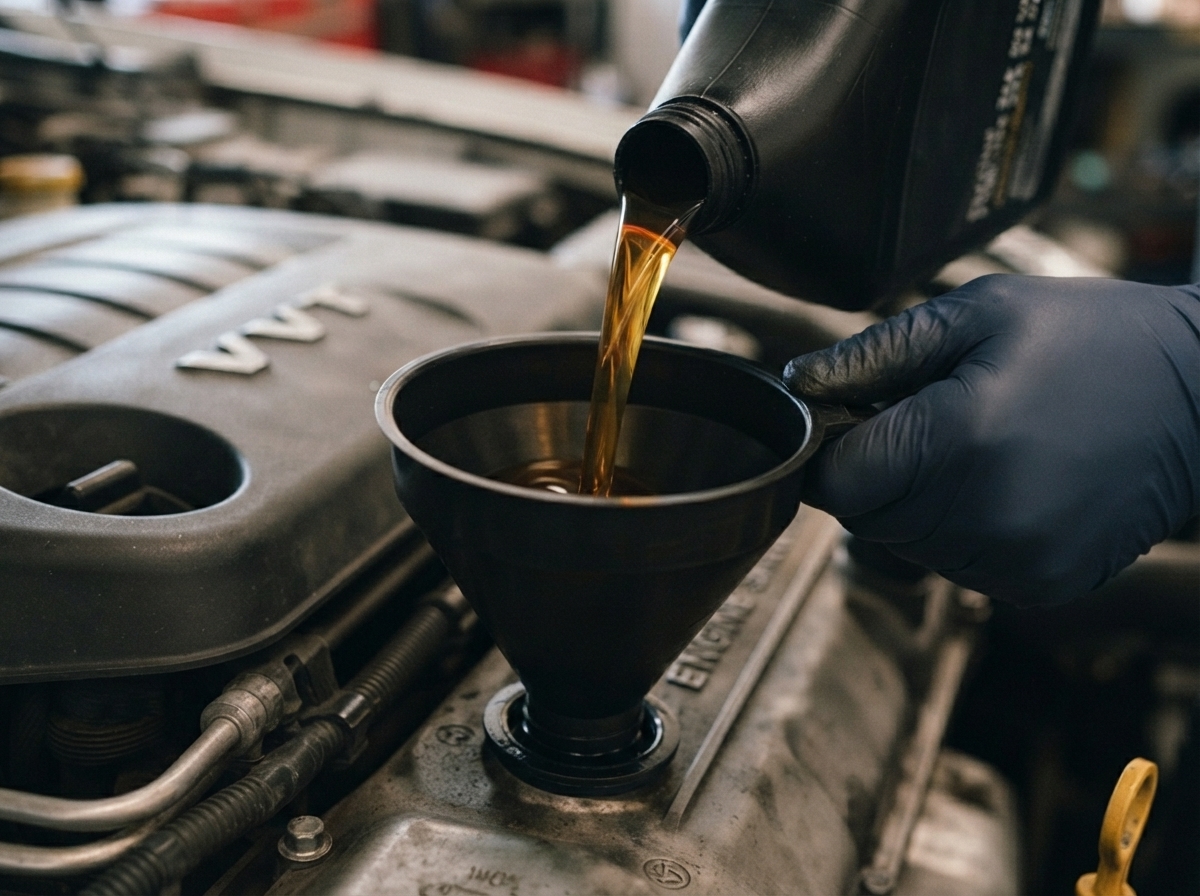 Pouring premium engine oil during a car oil change