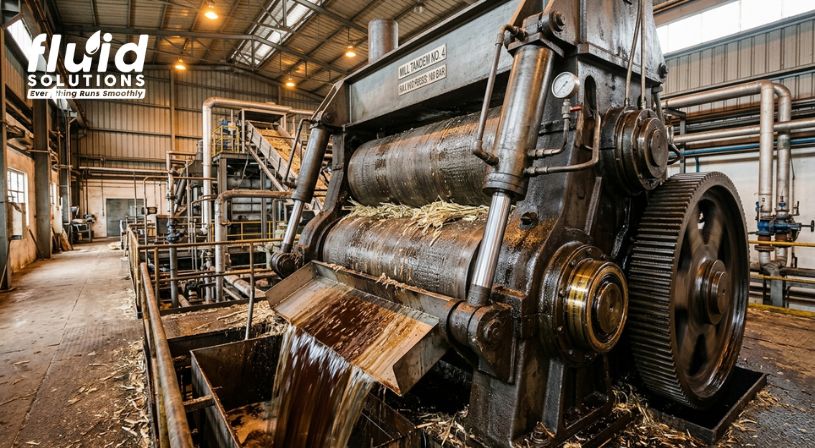 A close-up of a roller mill utilized, highlighting its mechanical structure and functionality.