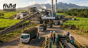 A group of workers and trucks in a sugar cane field, preparing for lubrication tasks in sugar mill operations.