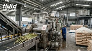 Workers loading rice into bags at a factory, showcasing the process of packaging for distribution.