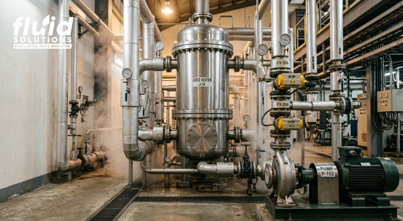 A large-scale water treatment facility with extensive piping and valves used in juice purification.