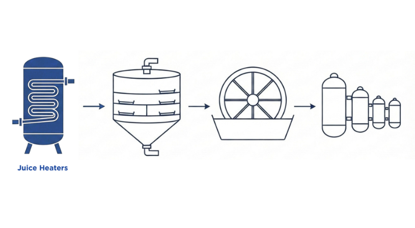Visual representation of the equipment used in the juice purification water filter process.