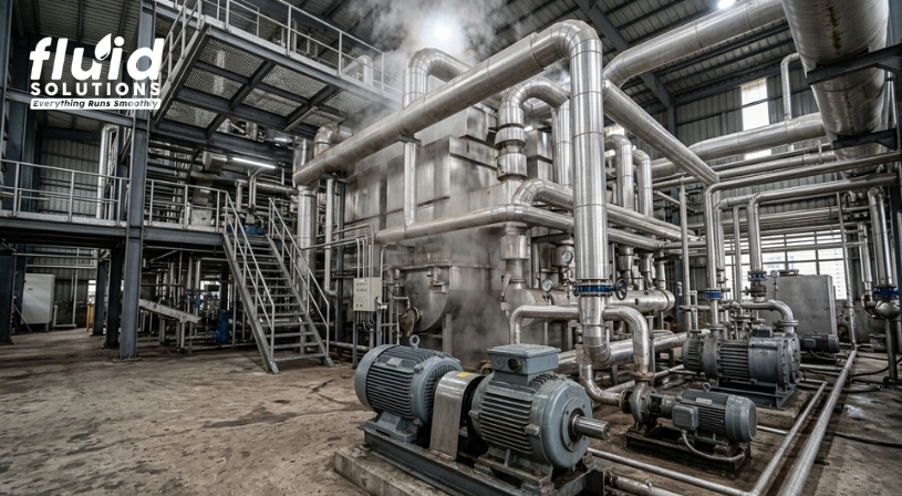 Industrial fluid processing system with pumps and piping