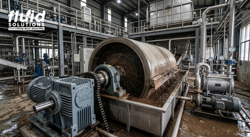 Industrial rotary drum filtration system with pumps and piping
