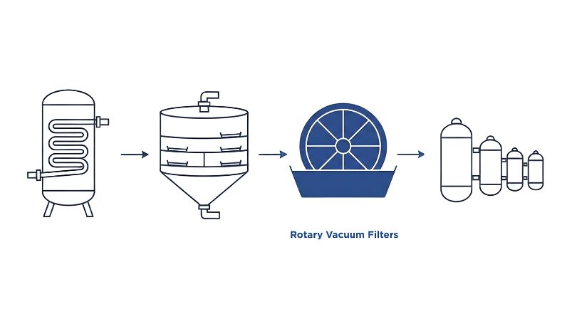 Industrial fluid processing diagram highlighting rotary vacuum filters